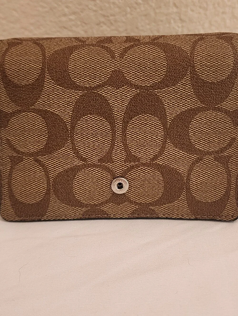 Coach Medium Corner Zip Wallet in Signature Canvas with Sage Leather Trim